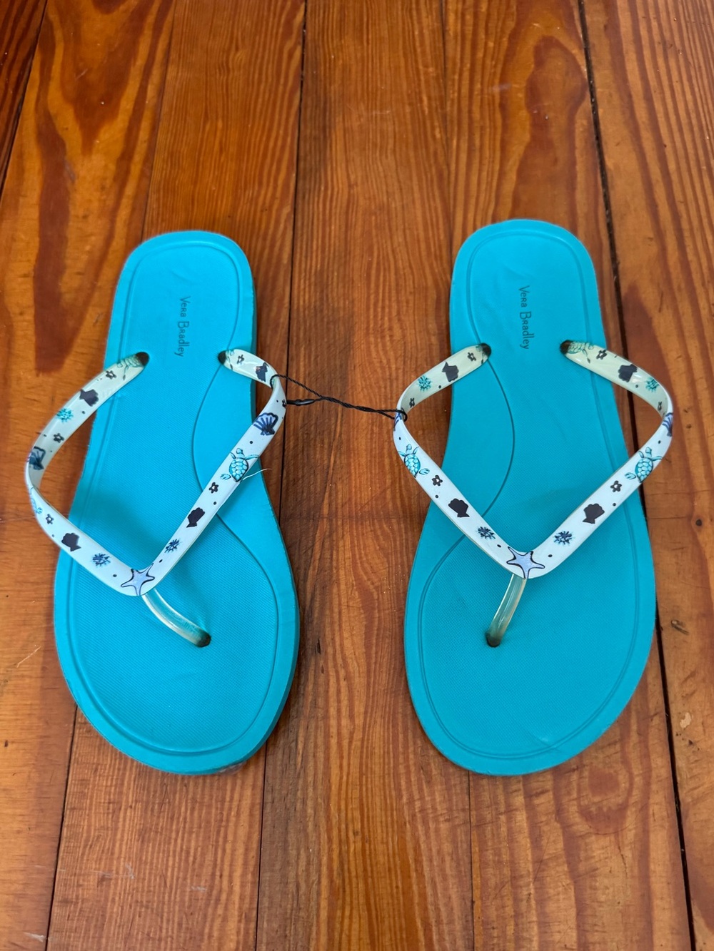 Vera Bradley Turquoise Blue Flip Flop Sandals with Beach themed White Straps
